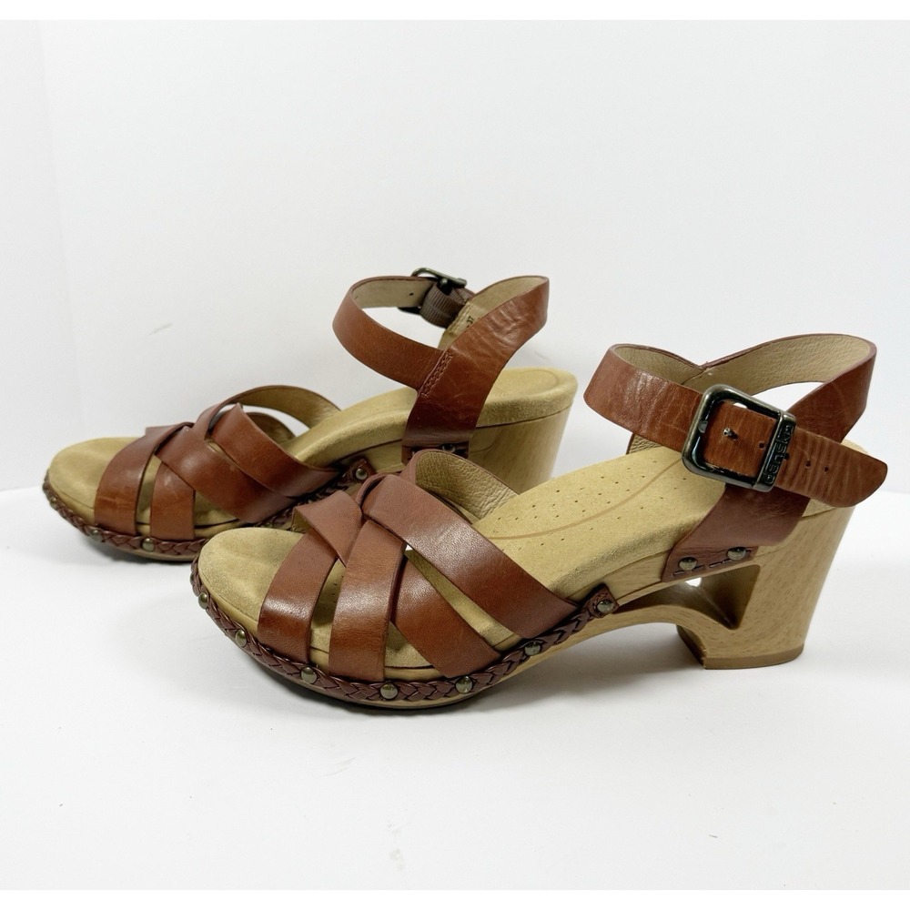 Dansko Strappy Leather Sandals Wood Wedge Heel Ankle Buckle Brown Comfort 37/7 - Picture 16 of 16